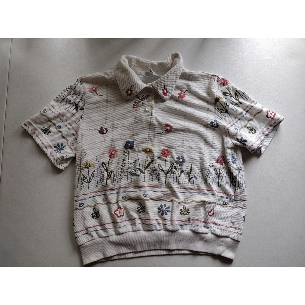 Alfred Dunner Petite White Floral Embroidered Waffle Knit Polo Top Medium